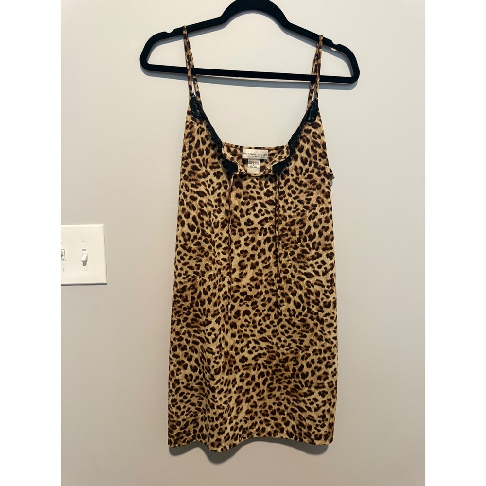 Morgan Taylor Intimates Leopard Print Lace Trim Chemise Nightgown Large Brown